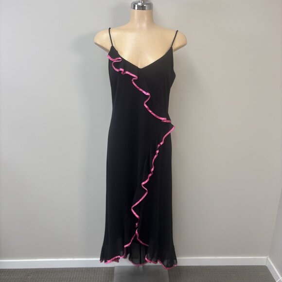 Jessica Dresses & Skirts - Jessica Black Asymmetrical Slip Dress with Pink Ruffle Trim